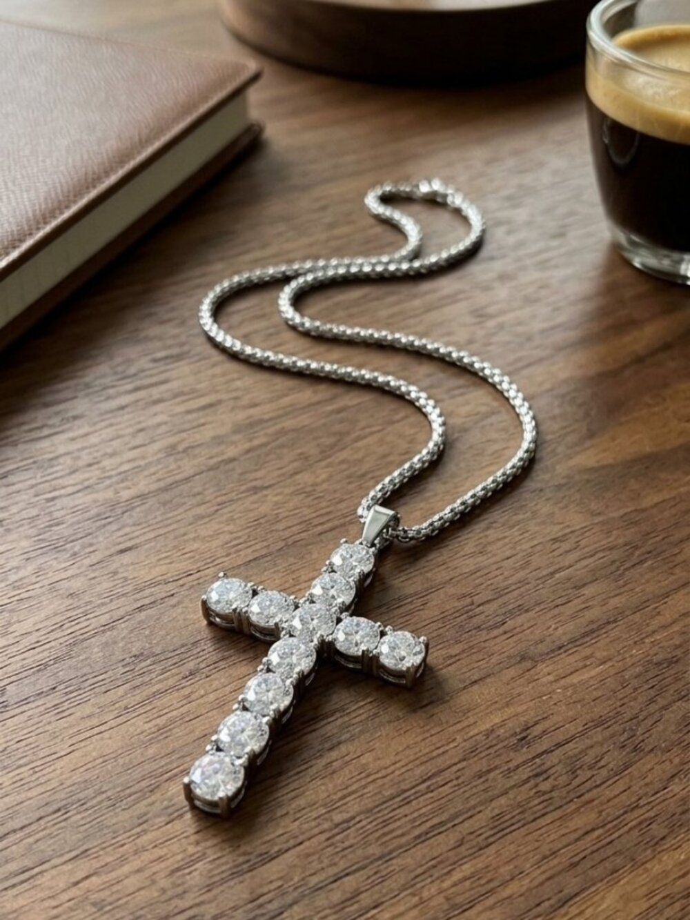 Mens 4/5mm Moissanite Cross Pendant Silver 316L